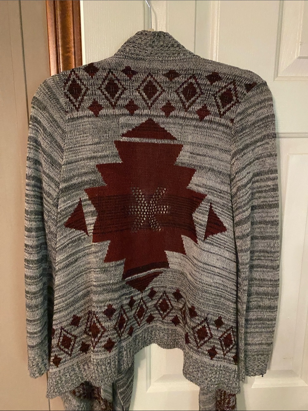 Charlotte Russe Gray Cardigan with Maroon Aztec Pattern